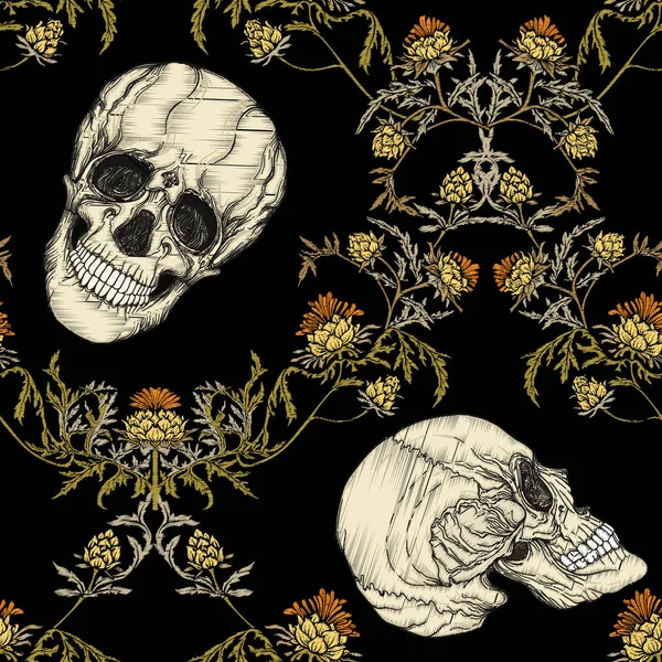 İnsan kafatasları ve halk, vintage çiçekler ile Seamless modeli. Nakış taklit. Renkli vektör çizim.