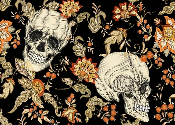 Patrón Sin Costuras Con Cráneos Humanos Folclore Flores Vintage Imitación — Vector de stock