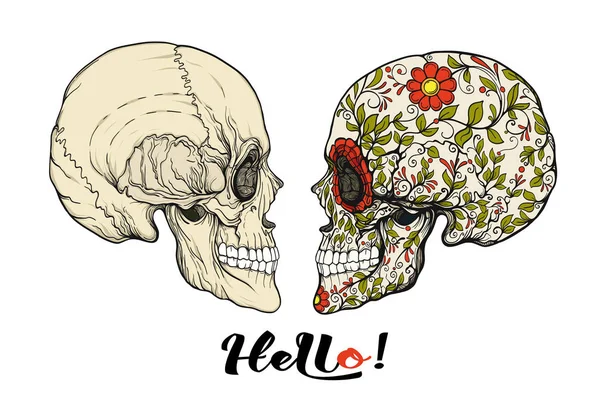 Crânios Humanos Com Slogan Olá Bom Para Impressão Camisetas Bolsas — Vetor de Stock