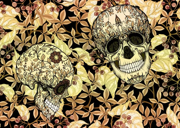Modèle Sans Couture Avec Des Crânes Humains Des Plantes Illustration — Image vectorielle