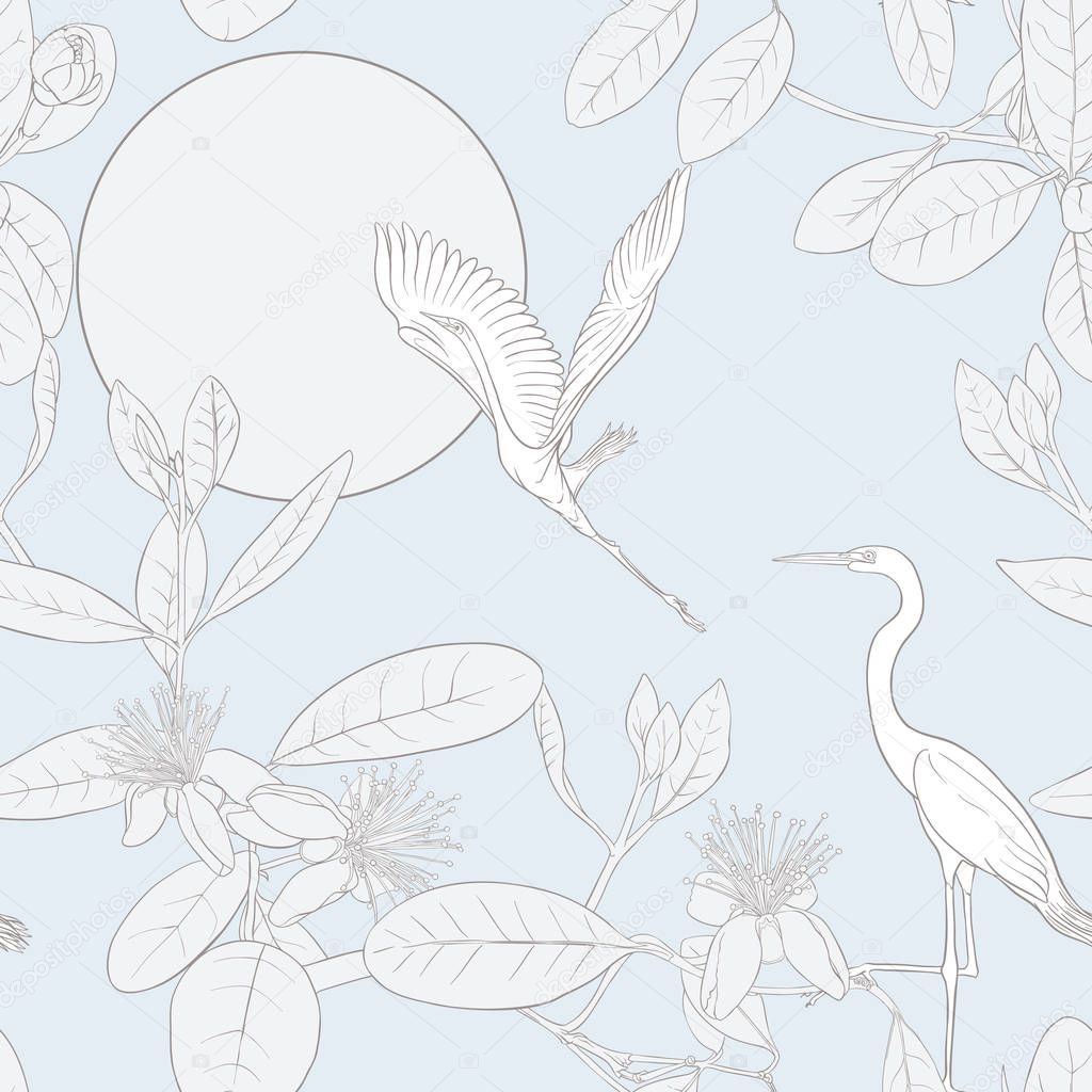 Seamless pattern, background with floral pattern with feijoa blooming flowers and herons. Vector illustration without gradients and transparency.  In vintage blue and beige colors.