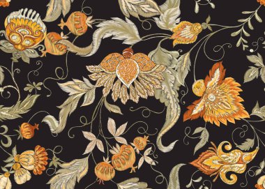 Retro, vintage tarzı stilize süs çiçekleri ile Seamless modeli. Taklit Jacobin nakış. Yumuşak turuncu ve yeşil renklerde göl kenarında siyah arka plan üzerinde renkli vektör çizim.