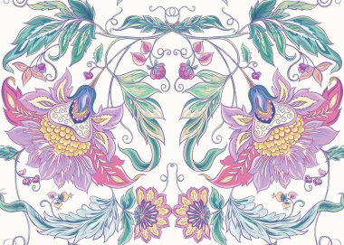 Retro, vintage tarzı stilize süs çiçekleri ile Seamless modeli. Jacobin nakış. Pembe, mavi, mor ötesi renk renkli vektör çizim