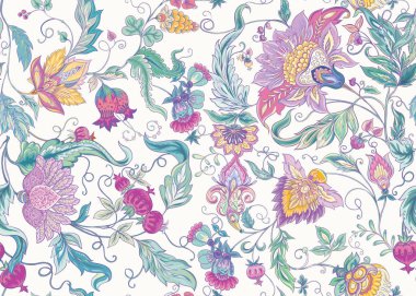 Retro, vintage tarzı stilize süs çiçekleri ile Seamless modeli. Jacobin nakış. Pembe, mavi, mor ötesi renk renkli vektör çizim
