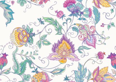 Retro, vintage tarzı stilize süs çiçekleri ile Seamless modeli. Jacobin nakış. Pembe, mavi, mor ötesi renk renkli vektör çizim