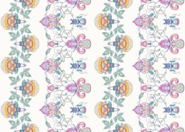 Retro, vintage tarzı stilize süs çiçekleri ile Seamless modeli. Jacobin nakış. Pembe, mavi, mor ötesi renk renkli vektör çizim