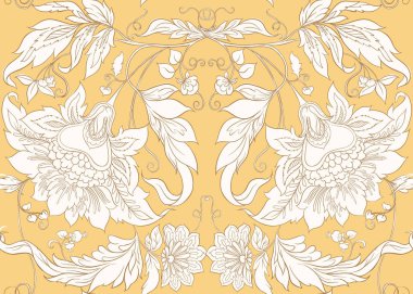 Retro, vintage tarzı stilize süs çiçekleri ile Seamless modeli. Jacobin nakış. Yumuşak sarı renklerde.