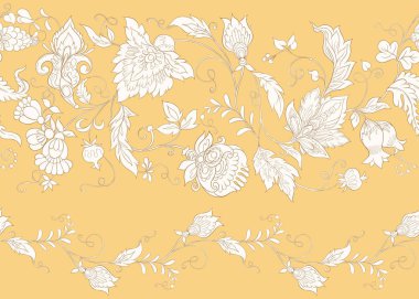 Retro, vintage tarzı stilize süs çiçekleri ile Seamless modeli. Jacobin nakış. Yumuşak sarı renklerde.
