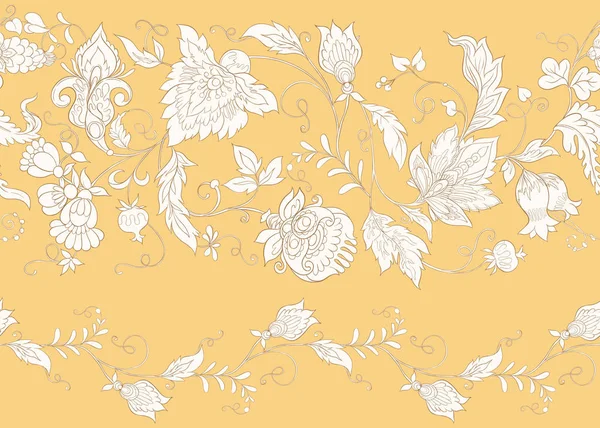 レトロ ビンテージ スタイルの様式化された装飾用の花とのシームレスなパターン ジャコバン派の刺繍 柔らかな黄色色で — ストックベクタ