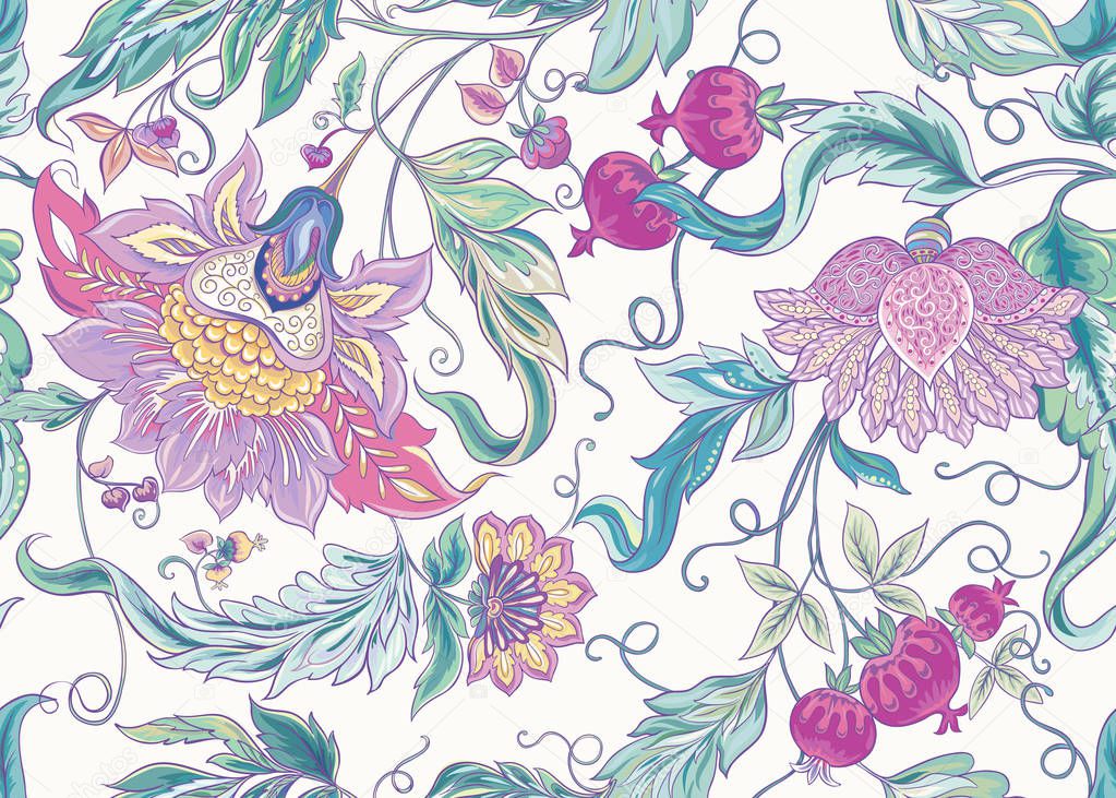 Seamless pattern with stylized ornamental flowers in retro, vintage style. Jacobin embroidery. Colored vector illustration In pink, blue, ultraviolet colors