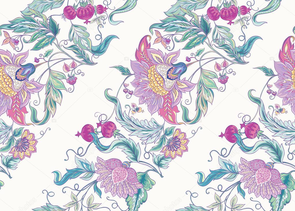 Seamless pattern with stylized ornamental flowers in retro, vintage style. Jacobin embroidery. Colored vector illustration In pink, blue, ultraviolet colors