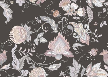 Retro, vintage tarzı stilize süs çiçekleri ile Seamless modeli. Jacobin nakış. Renkli vektör çizim. Vintage gri ve bej renklerde. Üzerinde kahverengi zemin.