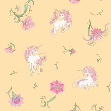 Seamless modeli, tek boynuzlu at ve vintage, fantsatic çiçekler art nouveau tarzında, vintage, eski, retro tarzı ile arka plan. Vektör çizim. Sarı arka plan üzerinde.