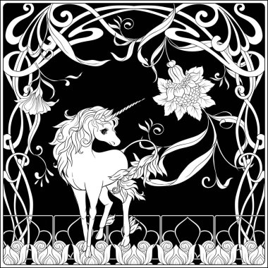 Tek boynuzlu at ve harika vintage çiçekler. Vektör çizim. Art nouveau tarzında, vintage, eski, retro tarzı. Siyah-beyaz grafik.