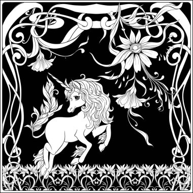 Tek boynuzlu at ve harika vintage çiçekler. Vektör çizim. Art nouveau tarzında, vintage, eski, retro tarzı. Siyah-beyaz grafik.
