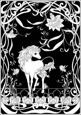 Tek boynuzlu at ve harika vintage çiçekler. Vektör çizim. Art nouveau tarzında, vintage, eski, retro tarzı. Siyah-beyaz grafik.