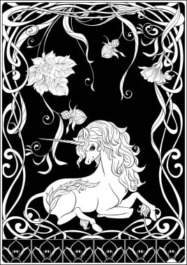Tek boynuzlu at ve harika vintage çiçekler. Vektör çizim. Art nouveau tarzında, vintage, eski, retro tarzı. Siyah-beyaz grafik.