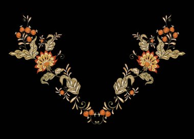 Çiçek dekoratif öğeler jacobean nakış tarzında fantastik çiçek desenli, vintage, eski, retro tarzı. Nakış taklit boyun hattı için. Vektör çizim.