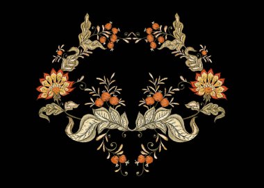 Çiçek dekoratif öğeler jacobean nakış tarzında fantastik çiçek desenli, vintage, eski, retro tarzı. Nakış taklit boyun hattı için. Vektör çizim.