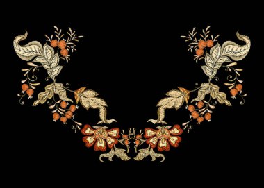 Çiçek dekoratif öğeler jacobean nakış tarzında fantastik çiçek desenli, vintage, eski, retro tarzı. Nakış taklit boyun hattı için. Vektör çizim.