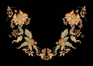 Çiçek dekoratif öğeler jacobean nakış tarzında fantastik çiçek desenli, vintage, eski, retro tarzı. Nakış taklit boyun hattı için. Vektör çizim.