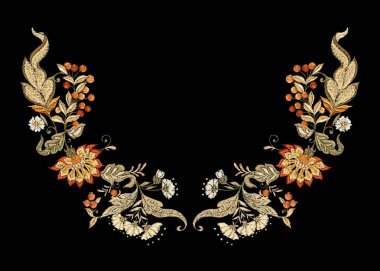 Çiçek dekoratif öğeler jacobean nakış tarzında fantastik çiçek desenli, vintage, eski, retro tarzı. Nakış taklit boyun hattı için. Vektör çizim.