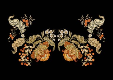 Çiçek dekoratif öğeler jacobean nakış tarzında fantastik çiçek desenli, vintage, eski, retro tarzı. Nakış taklit boyun hattı için. Vektör çizim.