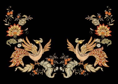 Çiçek dekoratif öğeler jacobean nakış tarzı, kuş ile fantezi çiçek desenli, vintage, eski, retro tarzı. Nakış taklit boyun hattı için. Vektör çizim.
