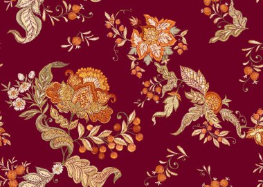 Fantezi jacobean nakış taklit, vintage, eski, retro tarzı çiçek seamless modeli. Vektör çizim yumuşak turuncu ve yeşil renklerde.