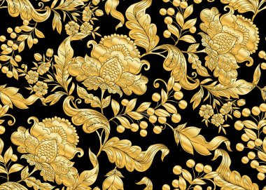 Fantezi jacobean nakış tarzı, vintage, eski, retro tarzı çiçek seamless modeli. Altın ve siyah vektör çizim.