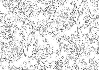 Fantezi jacobean nakış tarzı, vintage, eski, retro tarzı çiçek seamless modeli. Anahat el vektör çizim çizimi.