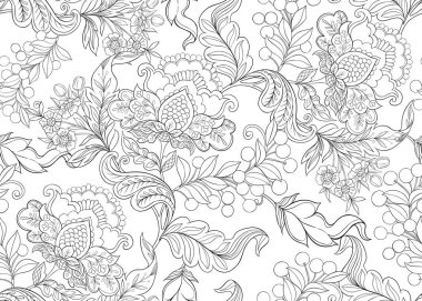 Fantezi jacobean nakış tarzı, vintage, eski, retro tarzı çiçek seamless modeli. Anahat el vektör çizim çizimi.