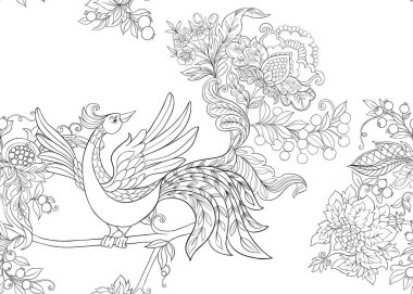 Fantezi çiçek seamless modeli kuş, vintage, eski, retro tarzı ile jacobean nakış tarzında. Anahat el vektör çizim çizimi.