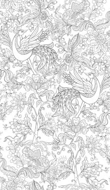 Fantasy floral seamless pattern in jacobean embroidery style with bird, vintage, old, retro style.  Outline hand drawing vector illustration. clipart