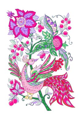 Çiçek dekoratif öğeler jacobean nakış tarzı, kuş ile fantezi çiçek desenli, vintage, eski, retro tarzı. Beyaz arka plan üzerinde izole. Vektör çizim.