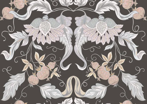 レトロ ビンテージ スタイルの様式化された装飾用の花とのシームレスなパターン ジャコバン派の刺繍 色ベクトルの図 ビンテージ グレー ベージュ色 茶色の背景に — ストックベクタ