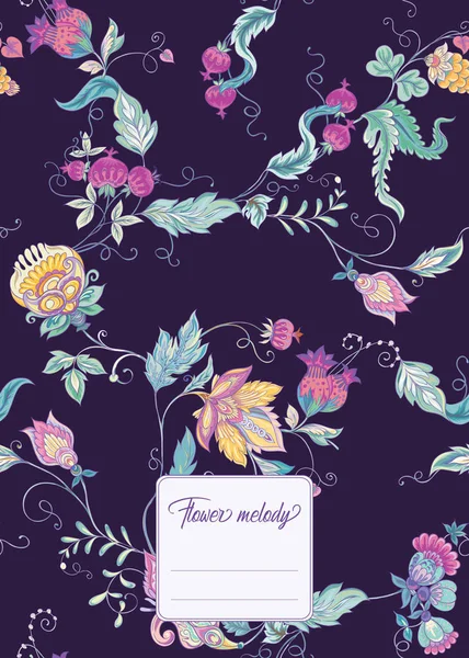レトロ ビンテージのジャコバン派刺繍スタイルで様式化された装飾用の花 テキスト ノート 製品のラベル ギフト券の表紙のテンプレートです ベクトル図 — ストックベクタ