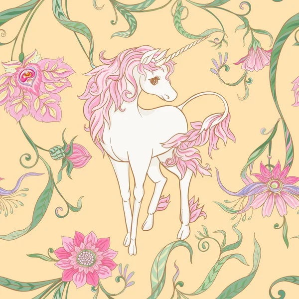 Seamless Pattern Background Unicorn Vintage Fantsatic Flowers Art Nouveau Style — Stock Vector