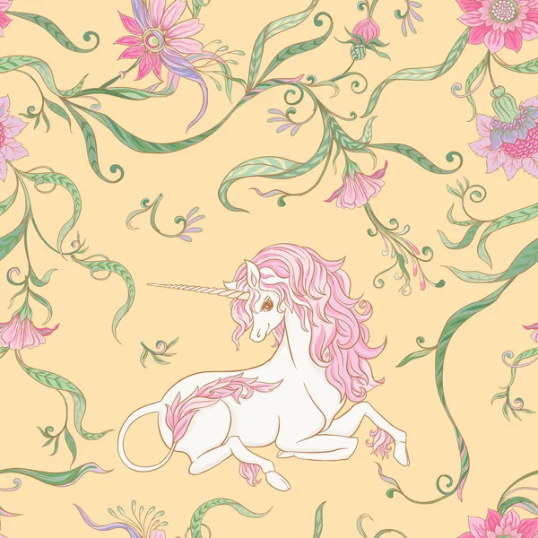 Seamless Pattern Background Unicorn Vintage Fantsatic Flowers Art Nouveau Style — Stock Vector