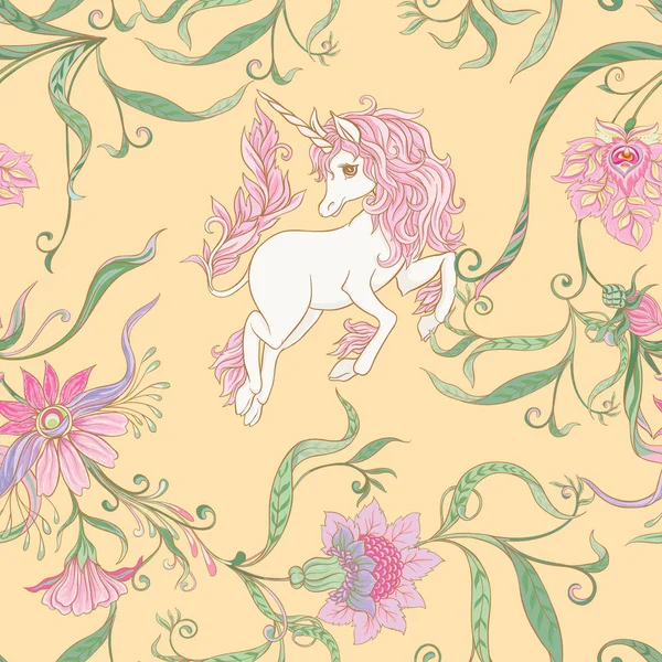 Seamless Pattern Background Unicorn Vintage Fantsatic Flowers Art Nouveau Style — Stock Vector