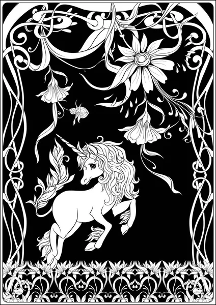 Tek boynuzlu at ve harika vintage çiçekler. Vektör çizim. Art nouveau tarzında, vintage, eski, retro tarzı. Siyah-beyaz grafik.