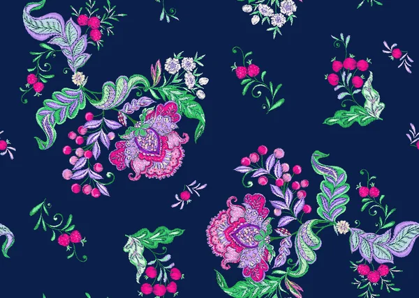 Fantasia Floral Padrão Sem Costura Jacobean Imitação Bordado Vintage Velho —  Vetores de Stock