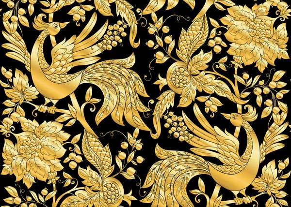 Fantasie Floralen Nahtlosen Muster Mit Vogel Jacobo Stickerei Stil Vintage — Stockvektor