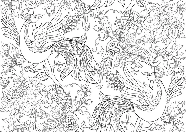 Цветочный Бесшовный Узор Стиле Жакобесовой Вышивки Птичьим Винтажным Старым Ретро — стоковый вектор