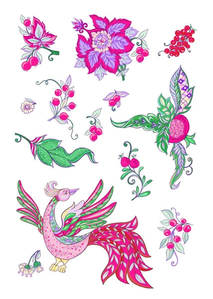 ジャコビアン刺繍スタイル 鳥とファンタジー花柄ヴィンテージ レトロなスタイルで花の装飾的な要素 白い背景上に分離 ベクトル図 — ストックベクタ