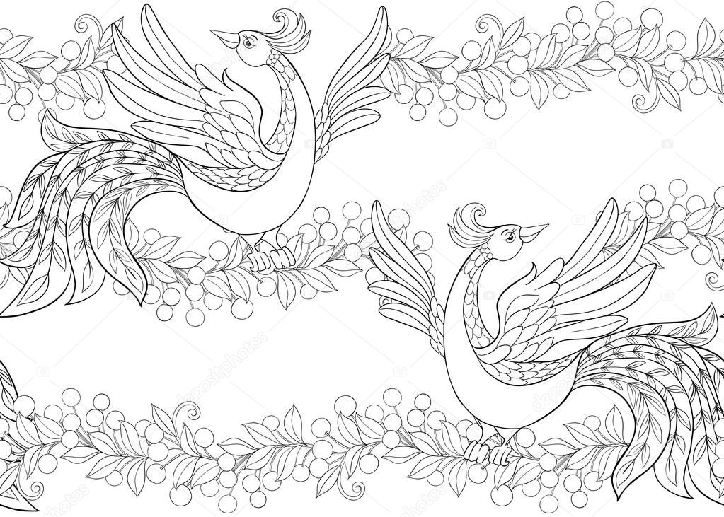 Fantasy floral seamless pattern in jacobean embroidery style with bird, vintage, old, retro style.  Outline hand drawing vector illustration.