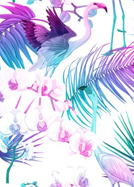 Tropikal bitkiler, çiçekler, kuşlar ile arka plan 