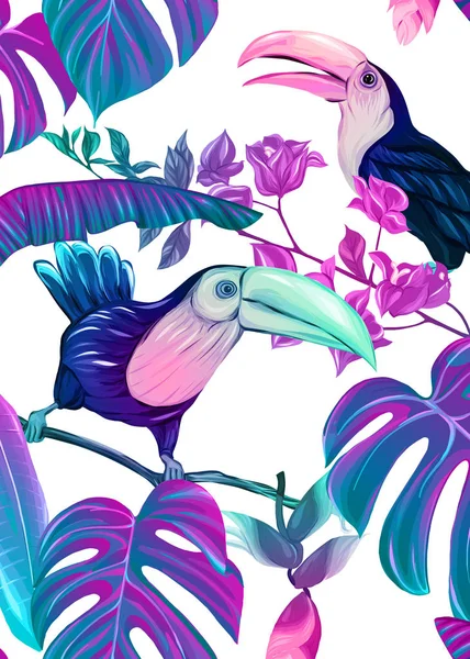 Background with tropical plants, flowers, birds