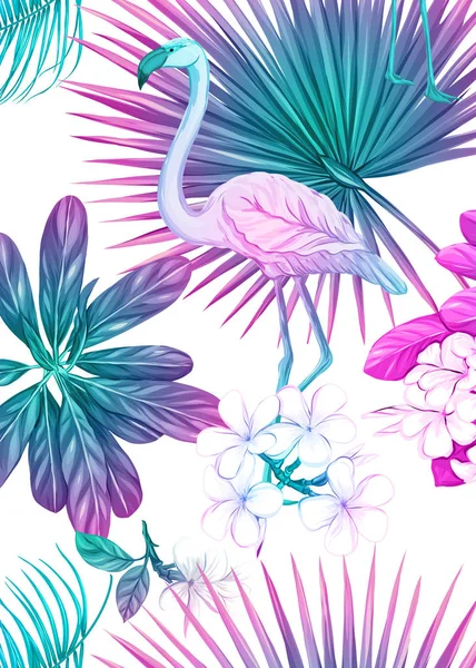 Fondo con plantas tropicales, flores, aves — Vector de stock