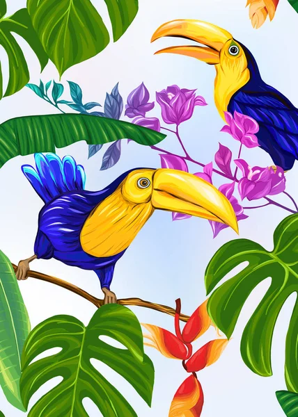 Fondo con plantas tropicales, flores, aves — Vector de stock